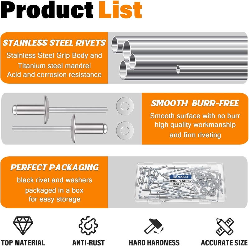 JTAREA 60pcs 3/16" x 1/2" Stainless Steel Pop Rivets with Stainless Steel Washers 4.8 x 12.7mm Blind Rivet Assortment Kit - Image 3